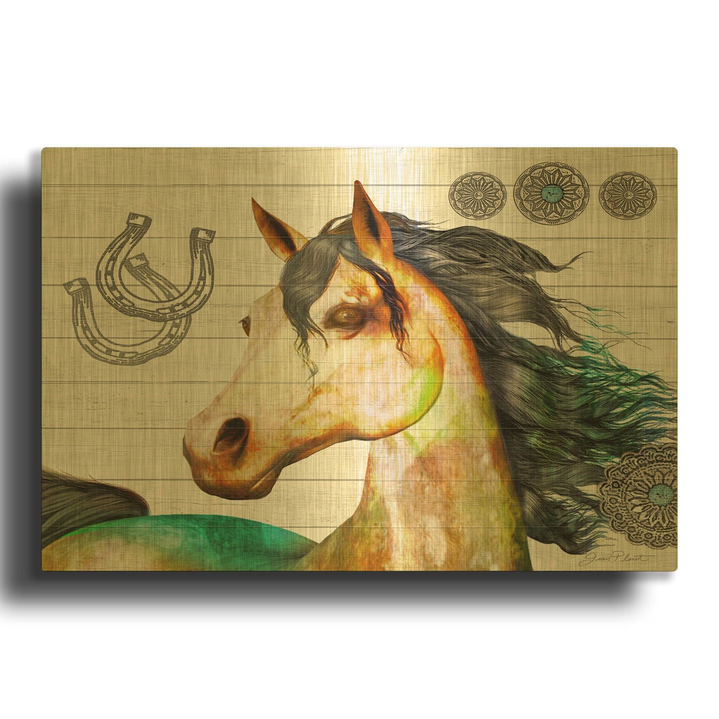'Western Horse On Shiplap B' By Jean Plout Gold Metal Wall Art