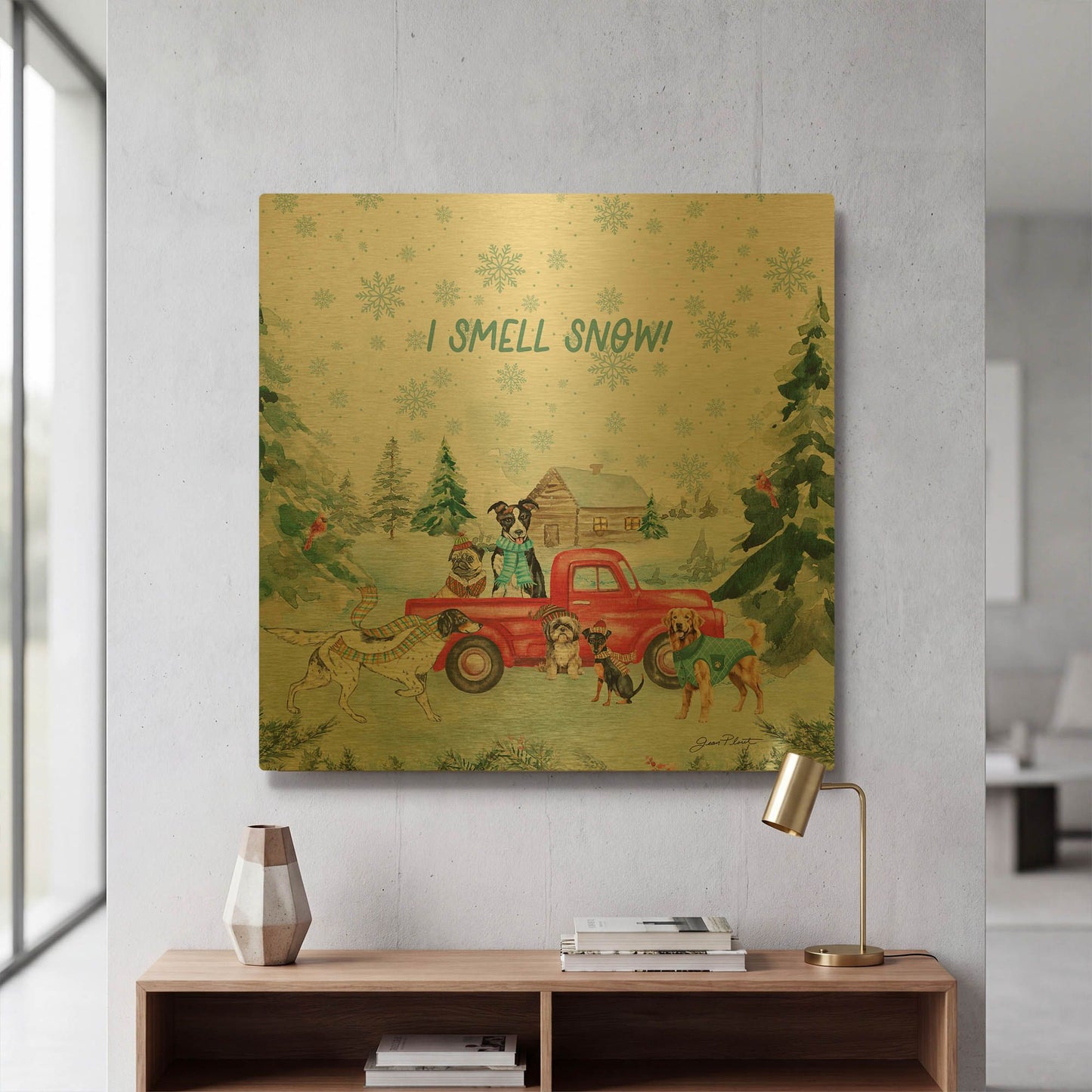 'Winterland Dogs A1' By Jean Plout Gold Metal Wall Art