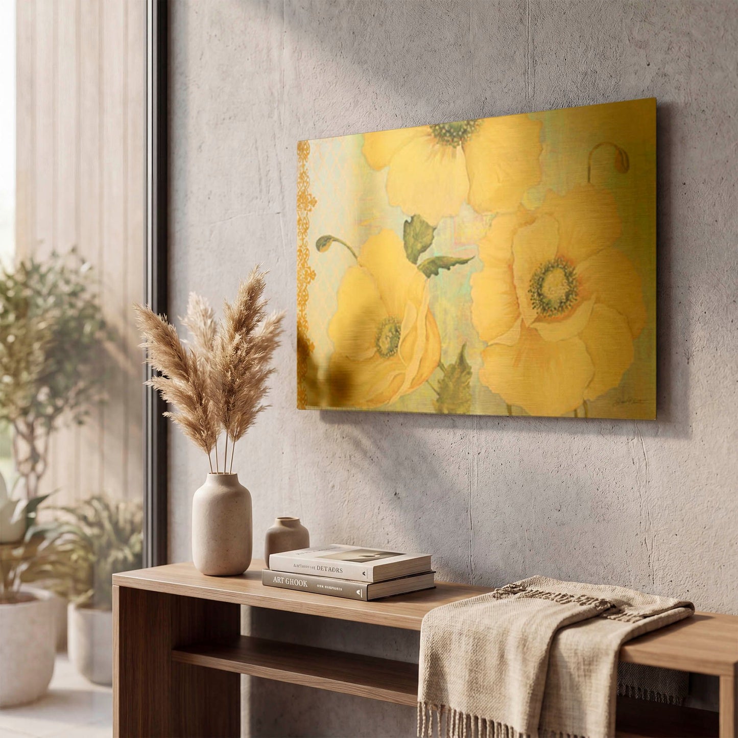 'Yellow Poppies On Aqua' By Jean Plout Gold Metal Wall Art