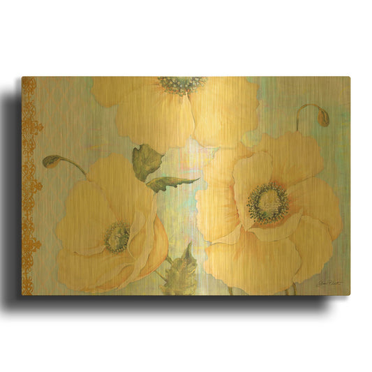 'Yellow Poppies On Aqua' By Jean Plout Gold Metal Wall Art
