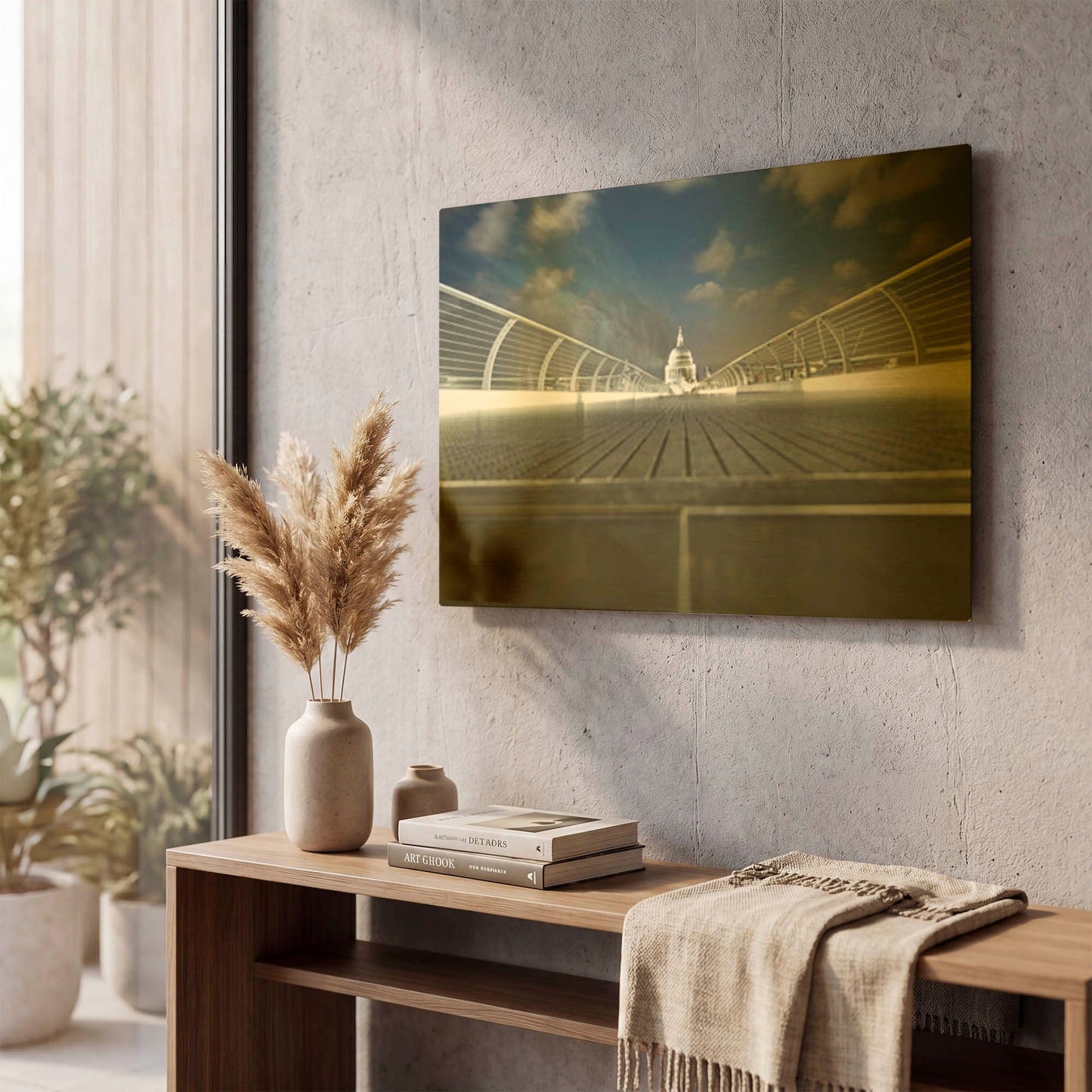 'Illuminated St Paul's Cathedral And Millennium Bridge I' By Mark A Paulda Gold Metal Wall Art