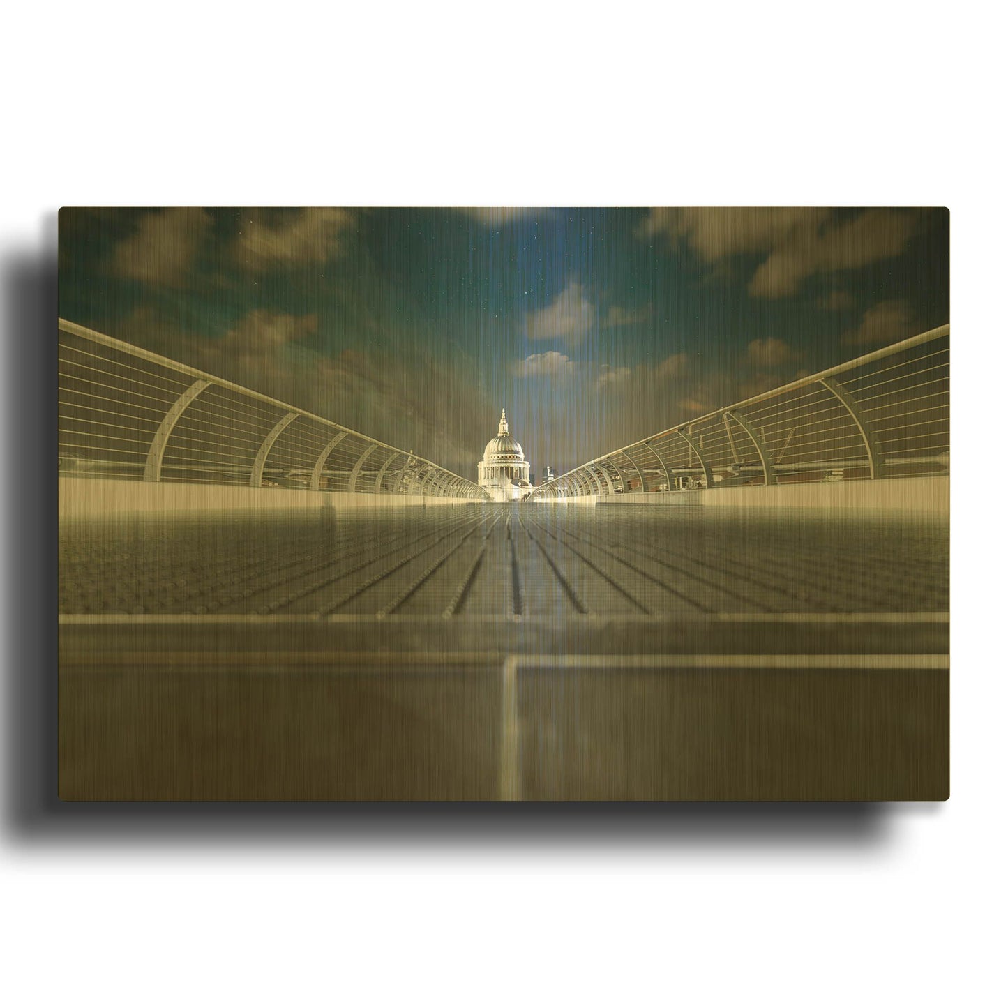 'Illuminated St Paul's Cathedral And Millennium Bridge I' By Mark A Paulda Gold Metal Wall Art