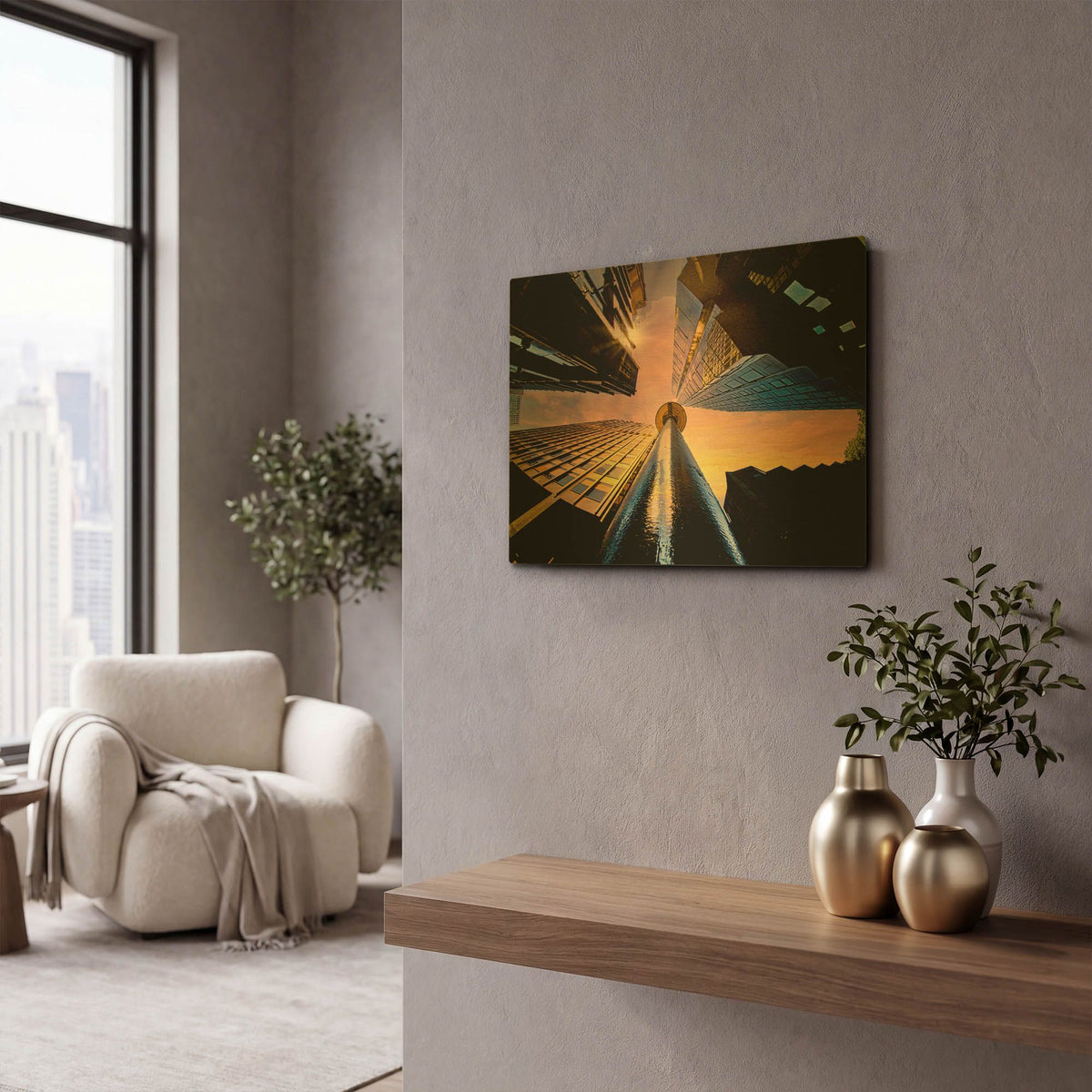 'Skyscrapers And Sunset' By Mark A Paulda Gold Metal Wall Art