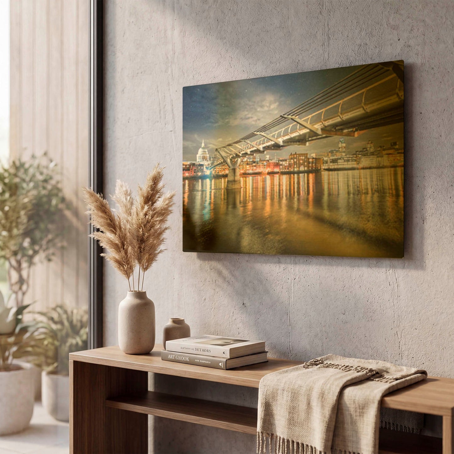 'The Millennium Bridge And St Paul's Cathedral At Night' By Mark A Paulda Gold Metal Wall Art