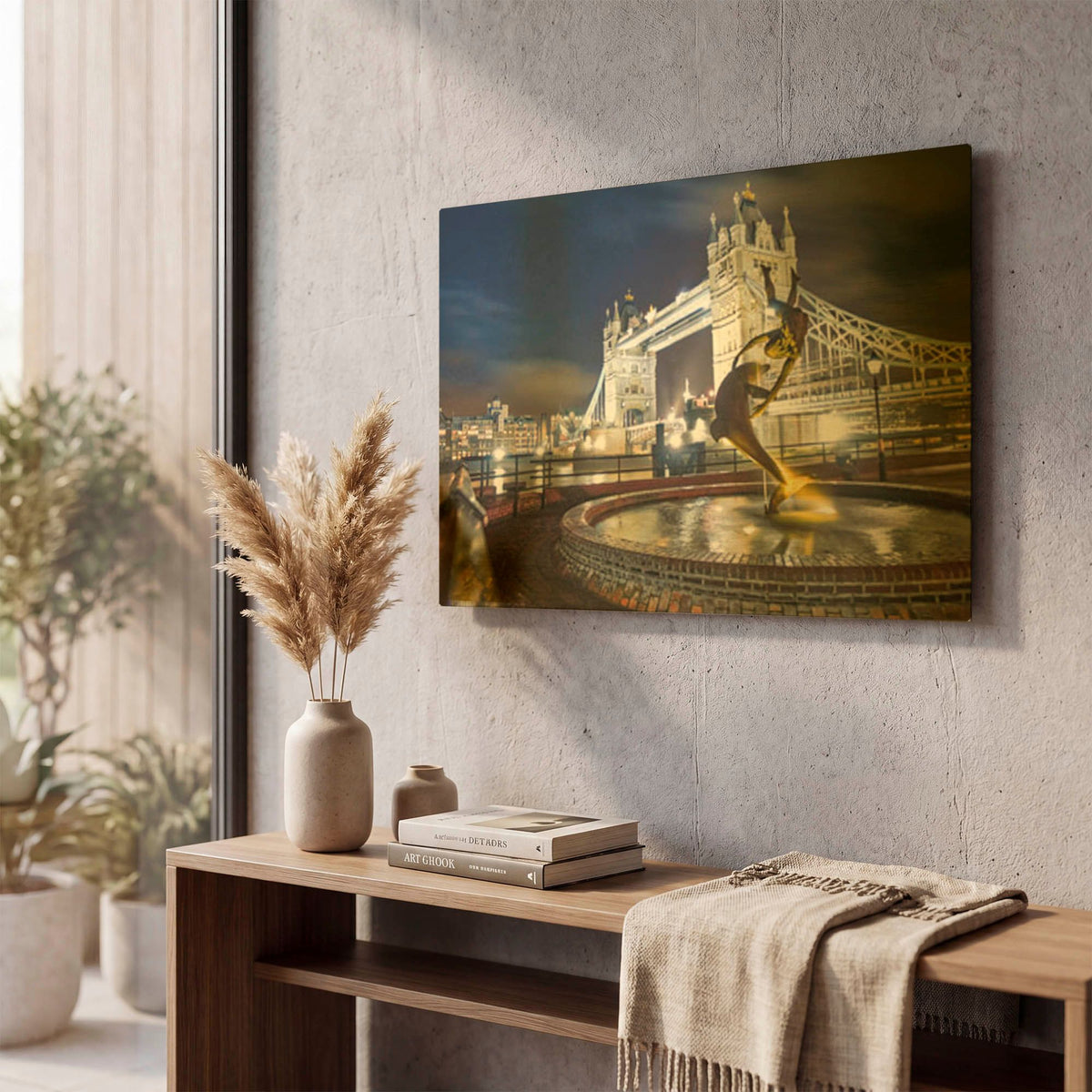 'Tower Bridge And Dolphin Sculpture' By Mark A Paulda Gold Metal Wall Art