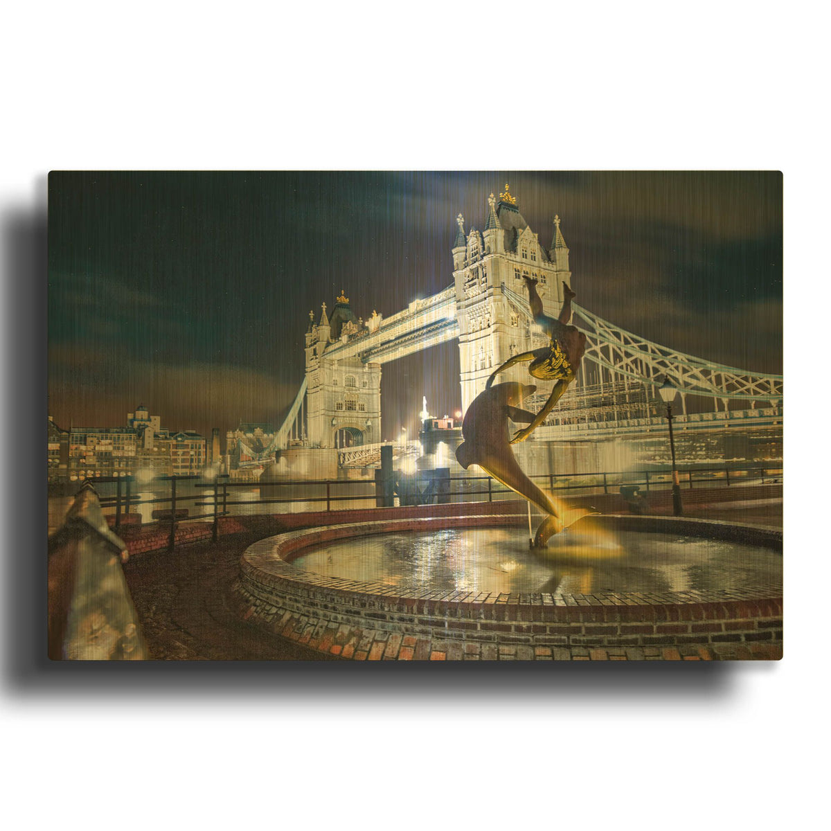 'Tower Bridge And Dolphin Sculpture' By Mark A Paulda Gold Metal Wall Art