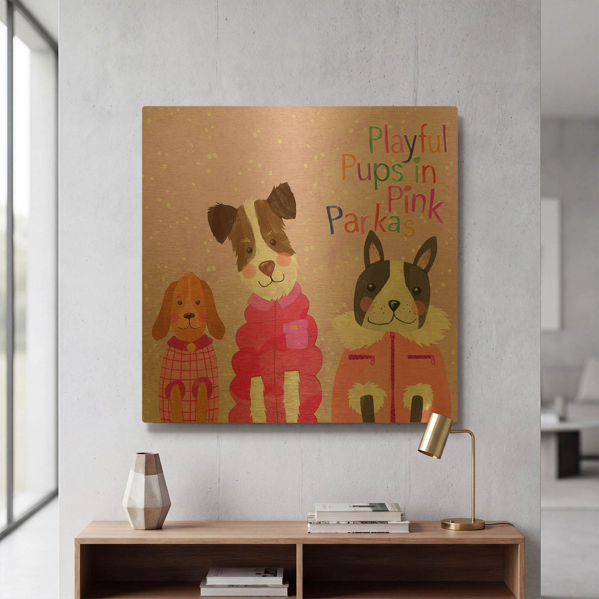 'Playful Pups In Pink Parkas' By Michal Loren Art Gold Metal Wall Art