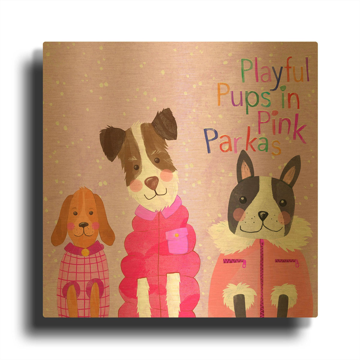 'Playful Pups In Pink Parkas' By Michal Loren Art Gold Metal Wall Art