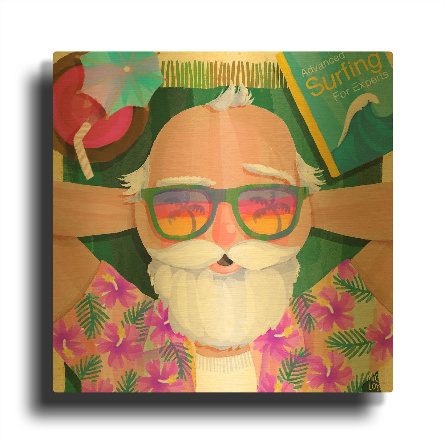 'Surfing Santa' By Michal Loren Art Gold Metal Wall Art