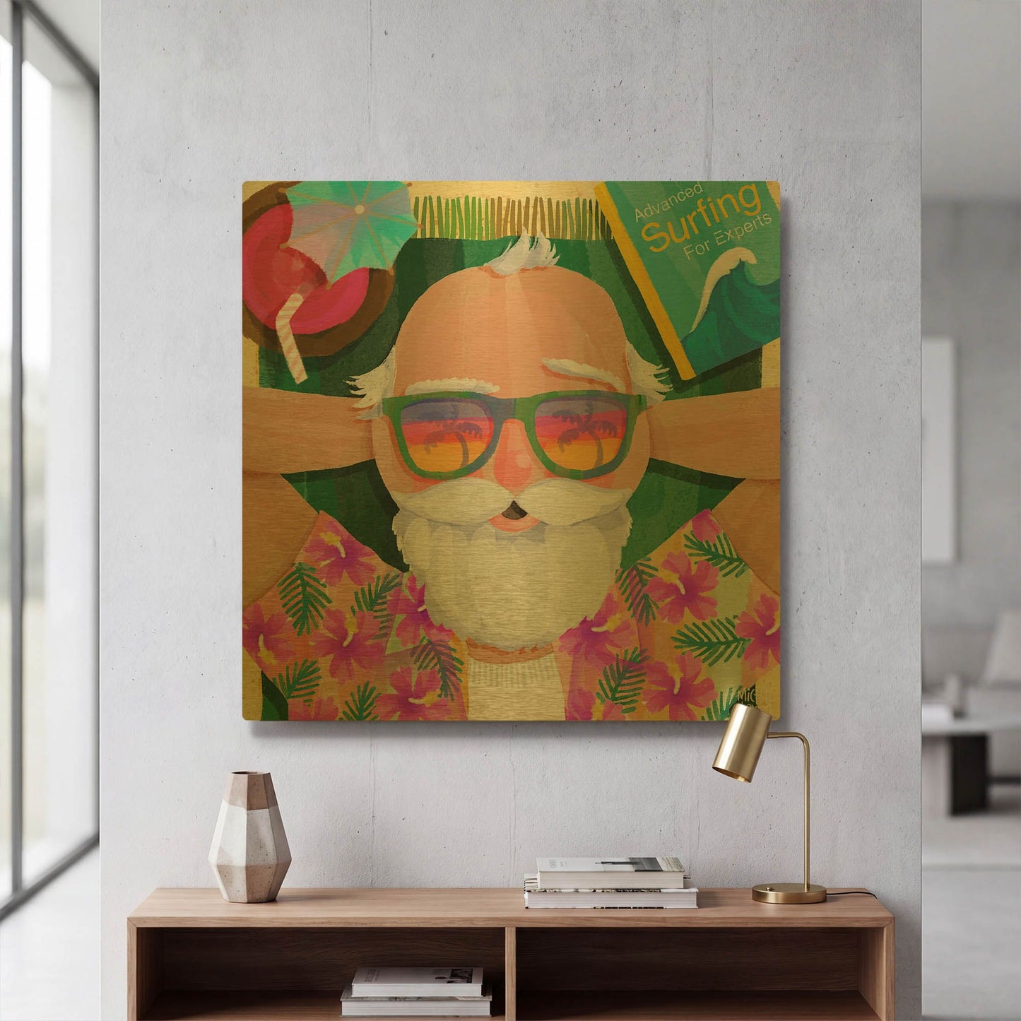 'Surfing Santa' By Michal Loren Art Gold Metal Wall Art