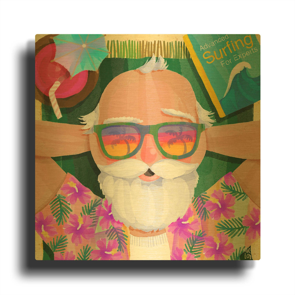 'Surfing Santa' By Michal Loren Art Gold Metal Wall Art