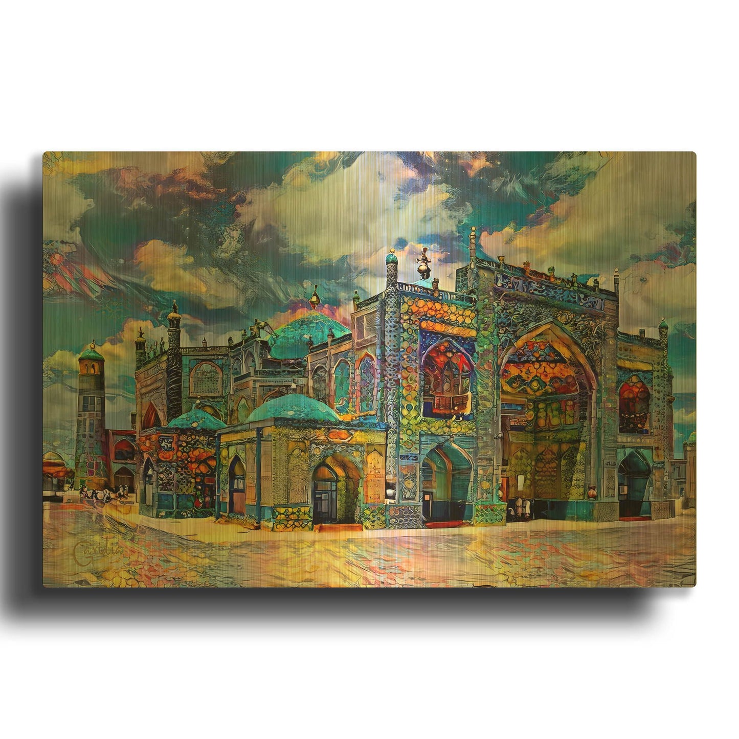 'Afghanistan Mazar-I-Sharif Great Blue Mosque Mausoleum Of Ali Shrine Of Hazrat Ali' By Pedro Gavidia Gold Metal Wall Art
