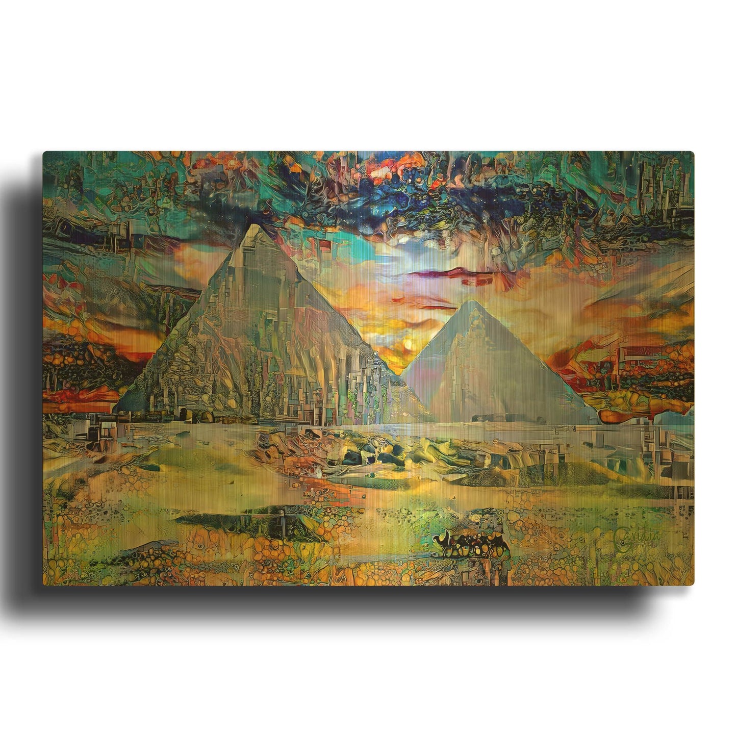 'Egypt Giza Pyramids At Night' By Pedro Gavidia Gold Metal Wall Art