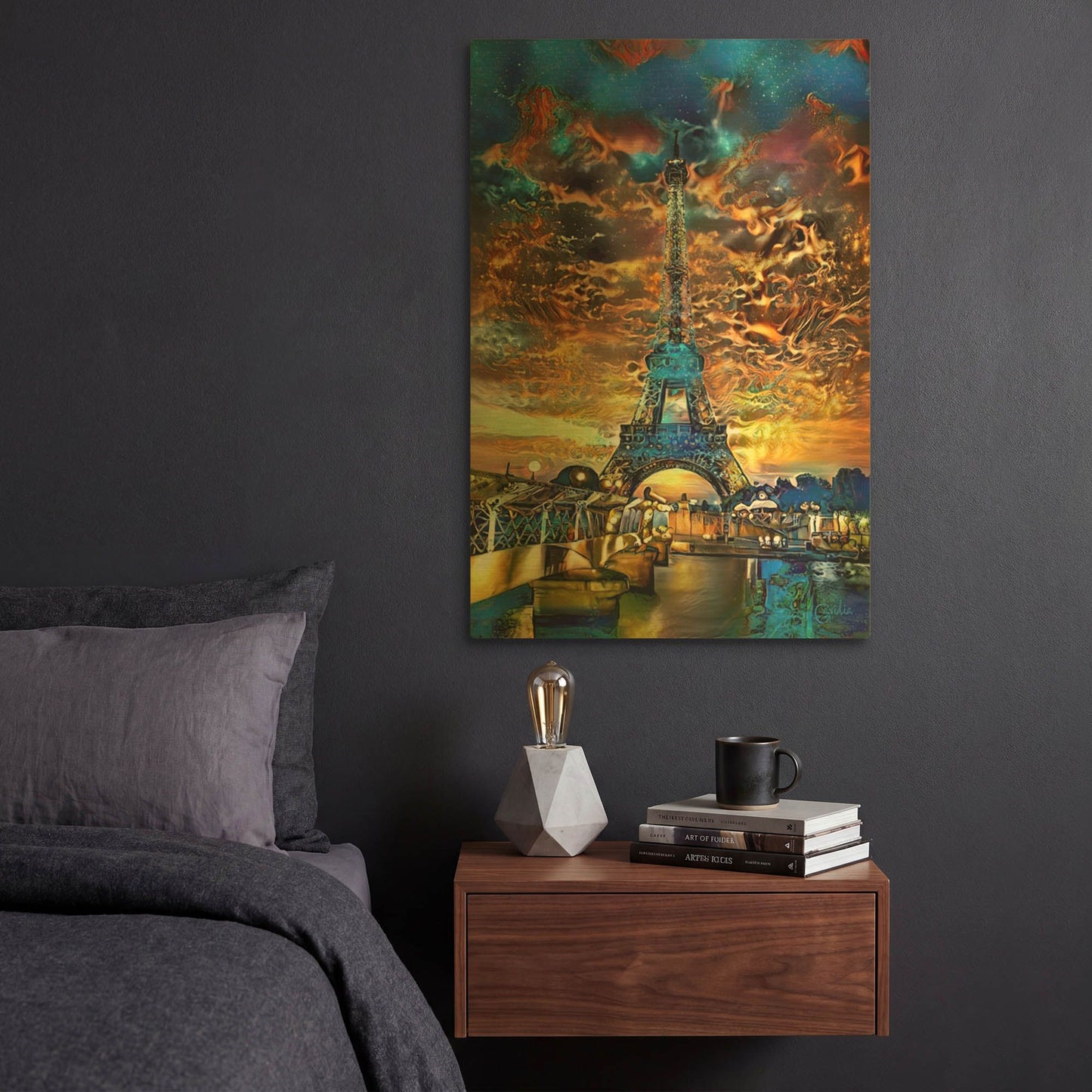 'France Paris Tower Eiffel Orange Clouds' By Pedro Gavidia Gold Metal Wall Art