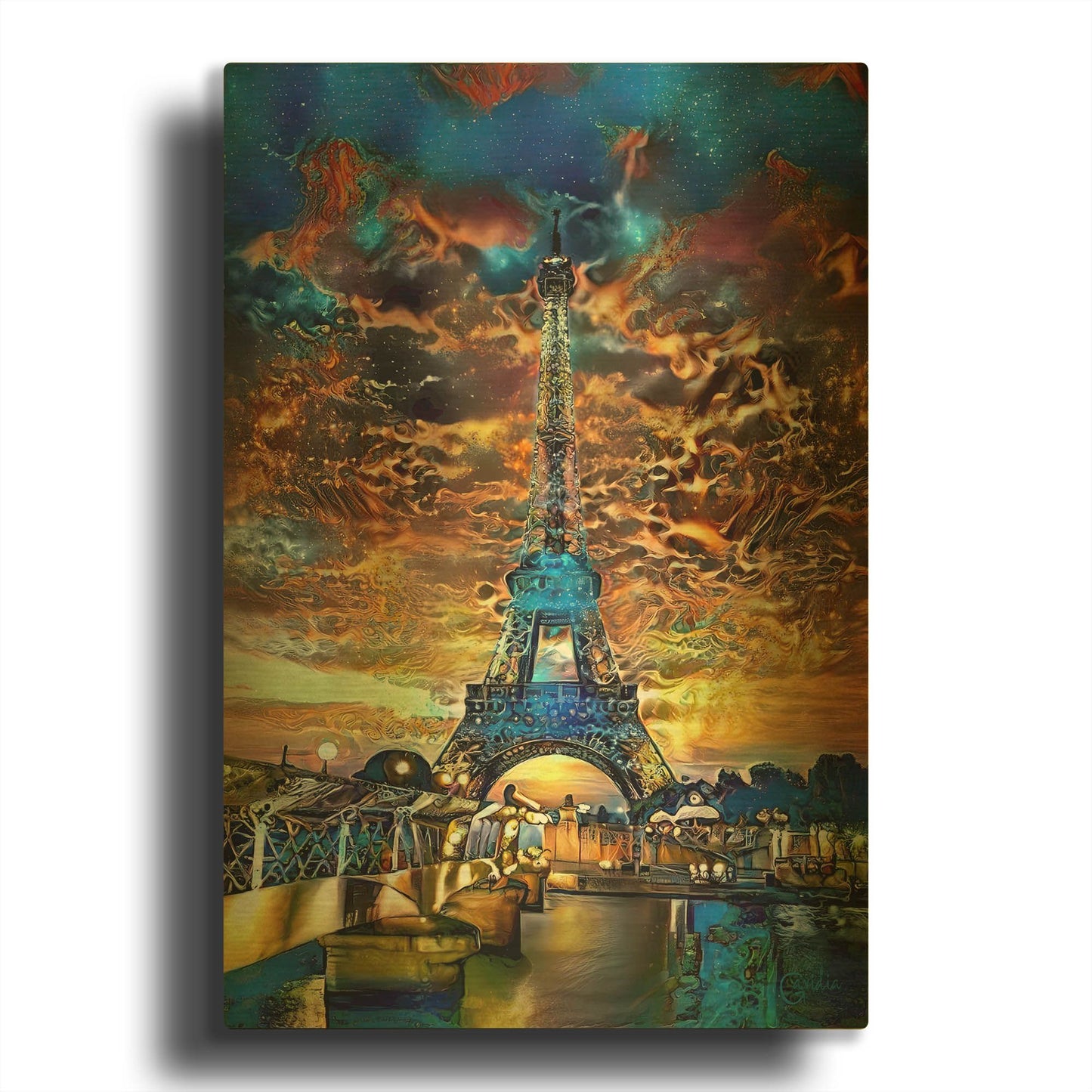'France Paris Tower Eiffel Orange Clouds' By Pedro Gavidia Gold Metal Wall Art