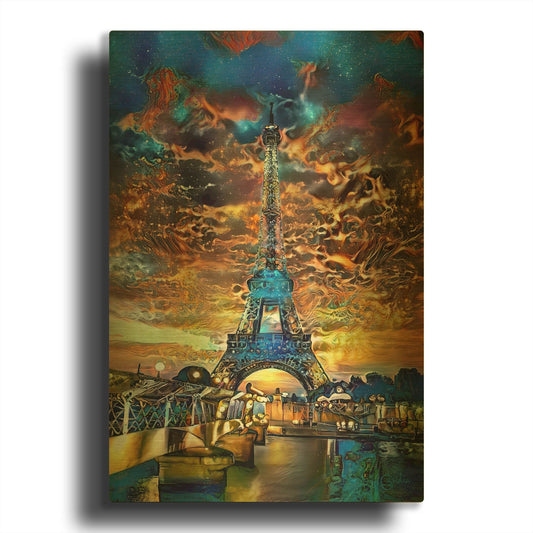'France Paris Tower Eiffel Orange Clouds' By Pedro Gavidia Gold Metal Wall Art