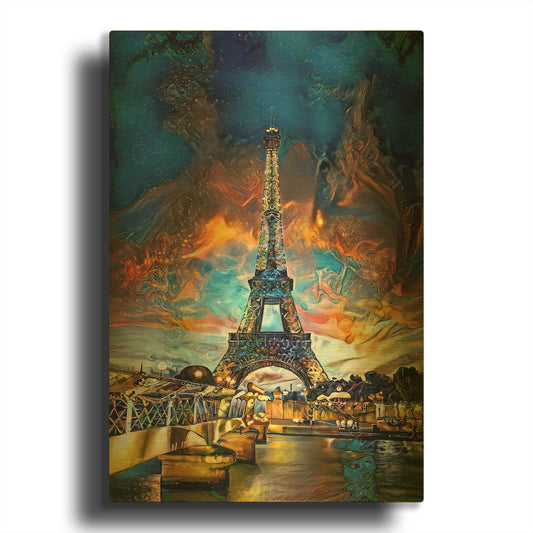 'France Paris Tower Eiffel Red Clouds' By Pedro Gavidia Gold Metal Wall Art