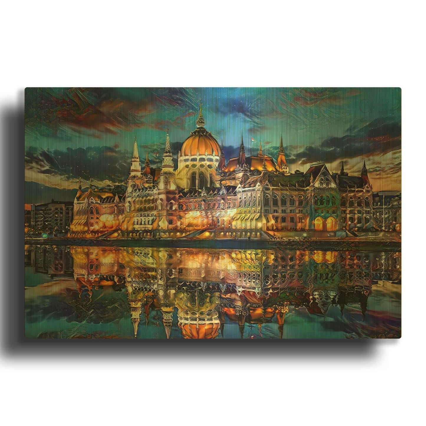 'Hungary Budapest Hungarian Parliament Building At Sunset' By Pedro Gavidia Gold Metal Wall Art