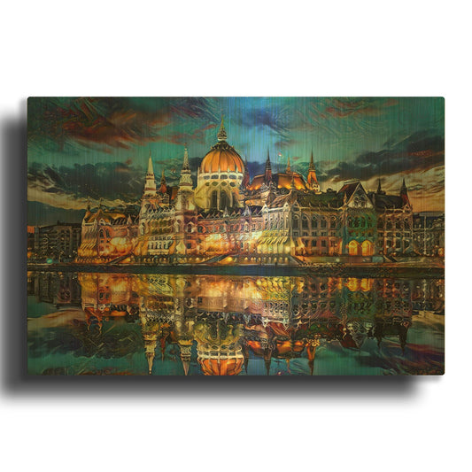 'Hungary Budapest Hungarian Parliament Building At Sunset' By Pedro Gavidia Gold Metal Wall Art
