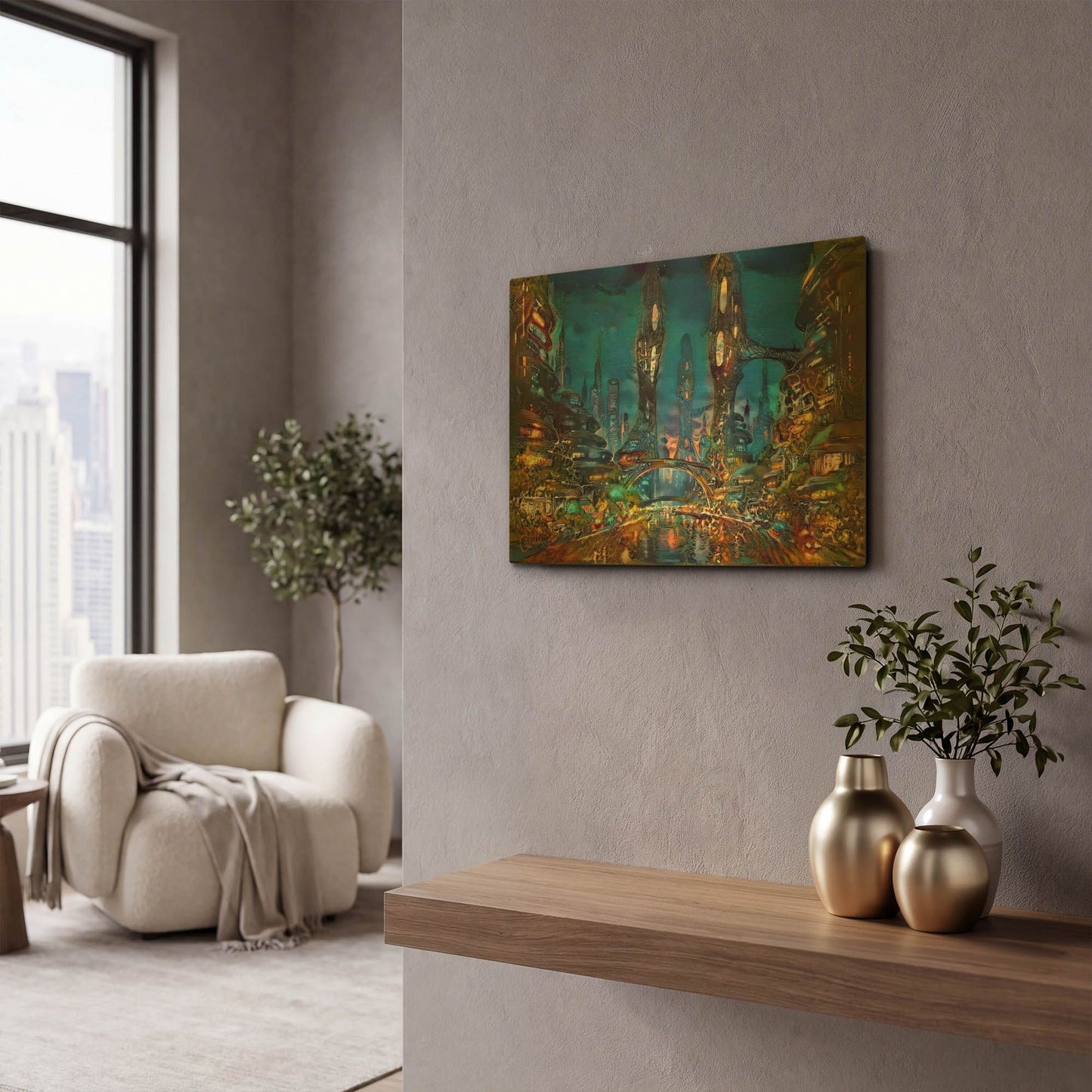 'Nighttime Metropolis Nocturna' By Pedro Gavidia Gold Metal Wall Art