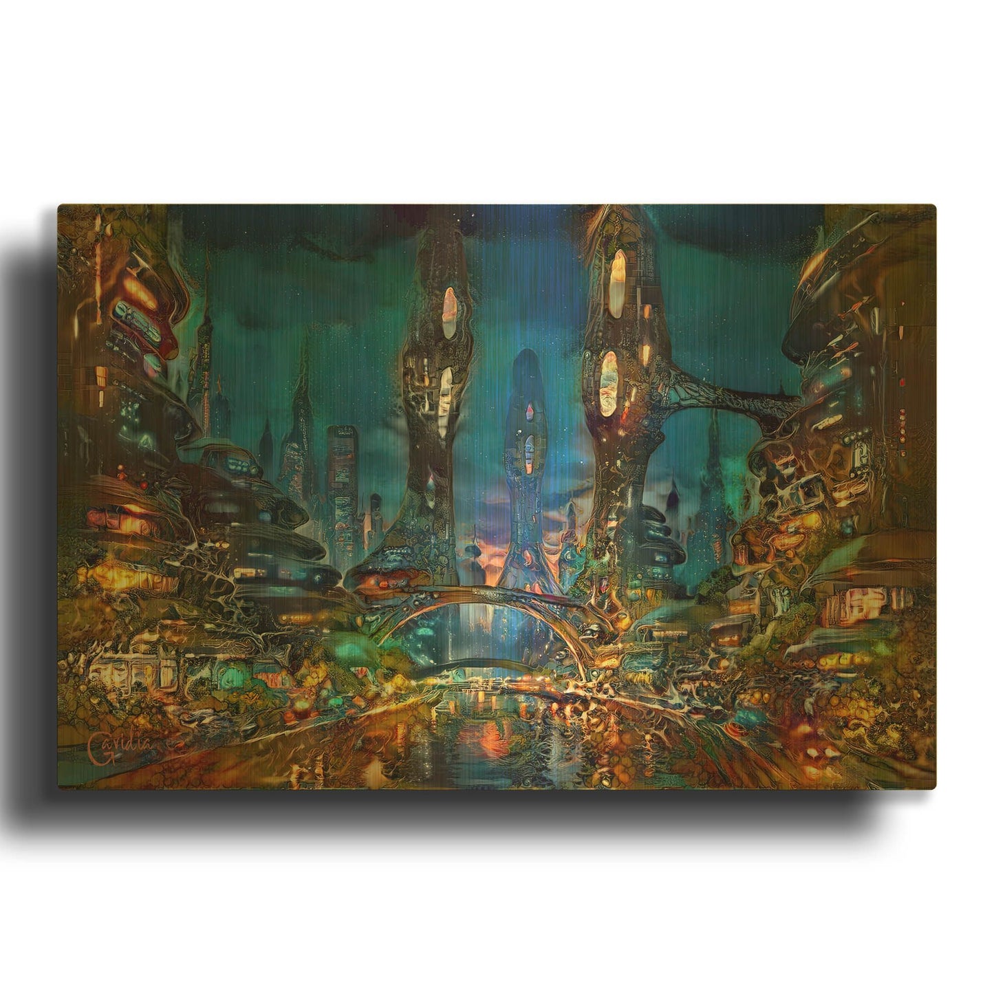 'Nighttime Metropolis Nocturna' By Pedro Gavidia Gold Metal Wall Art