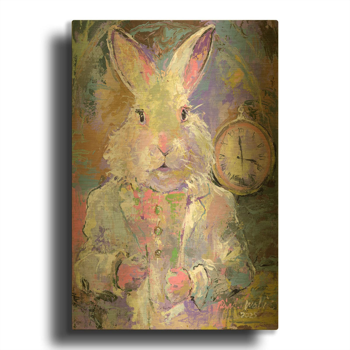 'Suited White Rabbit' By Richard Wallich Gold Metal Wall Art