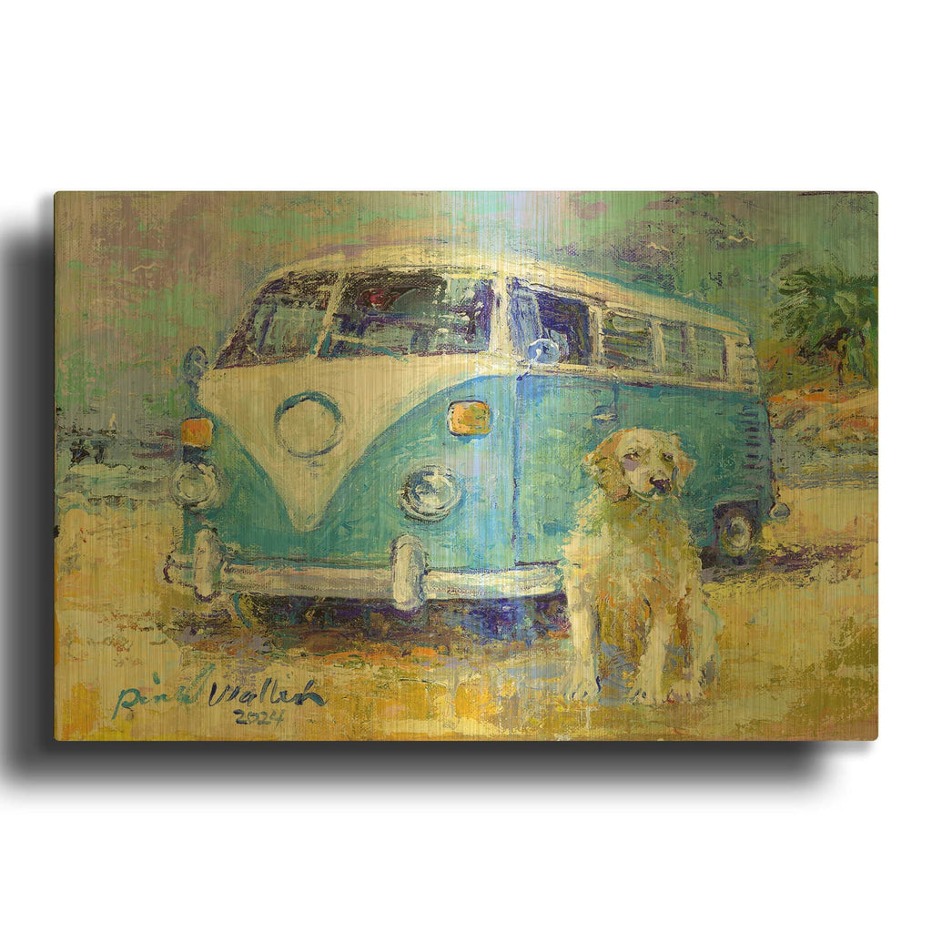'Travel Bus and Dog' By Richard Wallich Gold Metal Wall Art