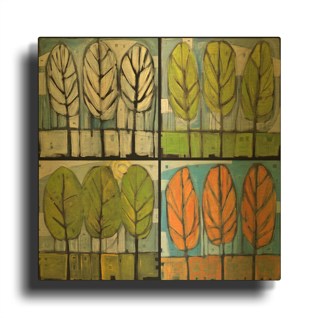 'Four Seasons Tree Series Square' By Tim Nyberg Gold Metal Wall Art