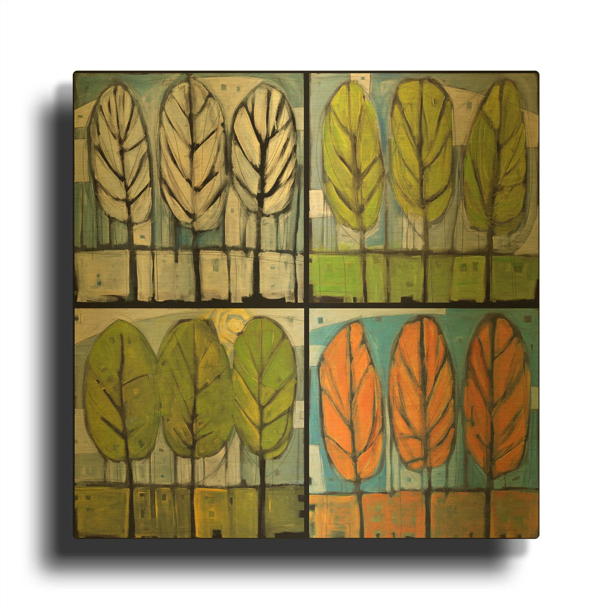 'Four Seasons Tree Series Square' By Tim Nyberg Gold Metal Wall Art