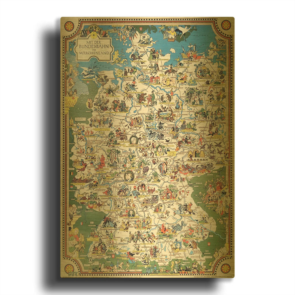 'German Fairytale Map Leo Faller Bundesbahn' By Vintage Posters Gold Metal Wall Art