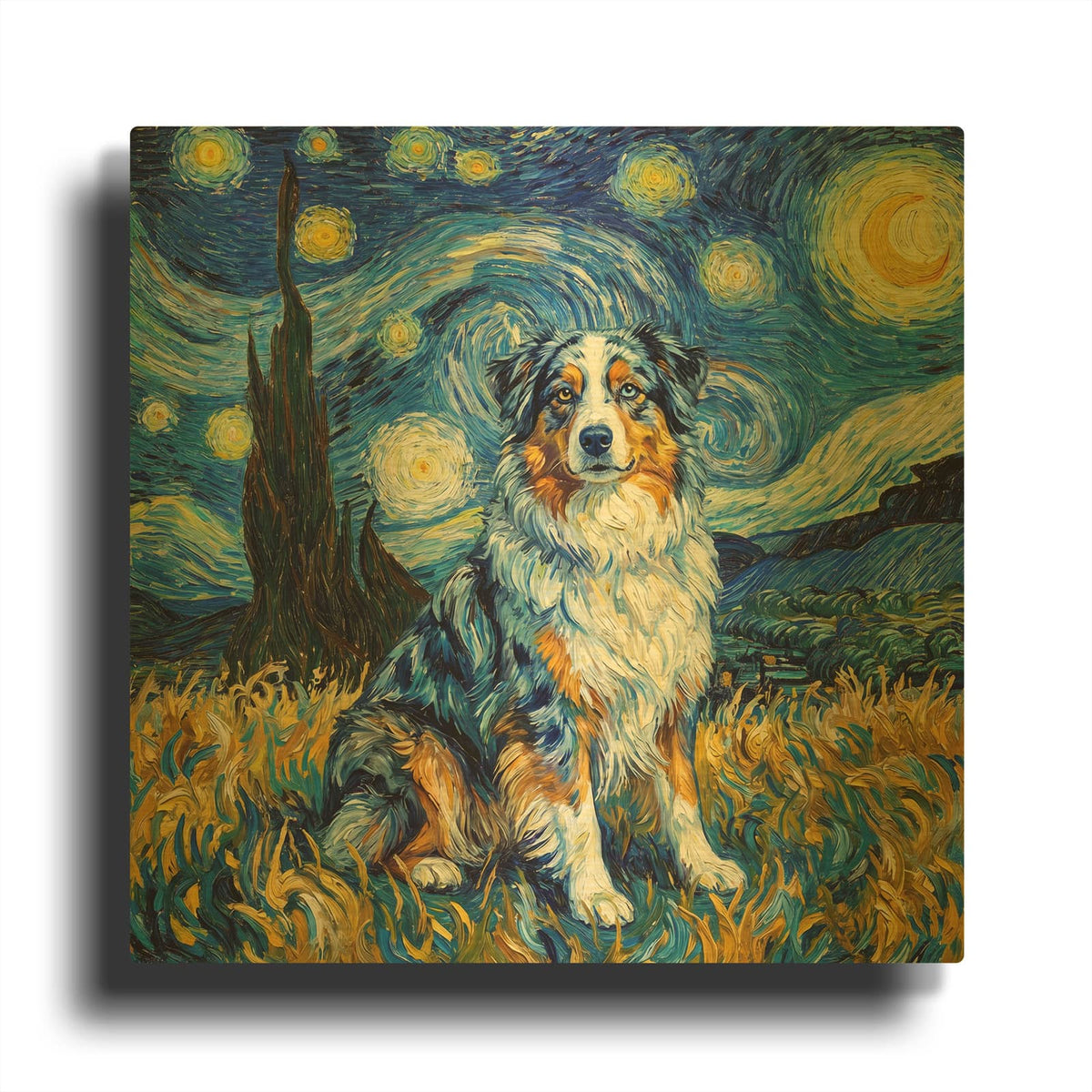 'Australian Shepherd Starry Night' By Rich Monet Gold Metal Wall Art