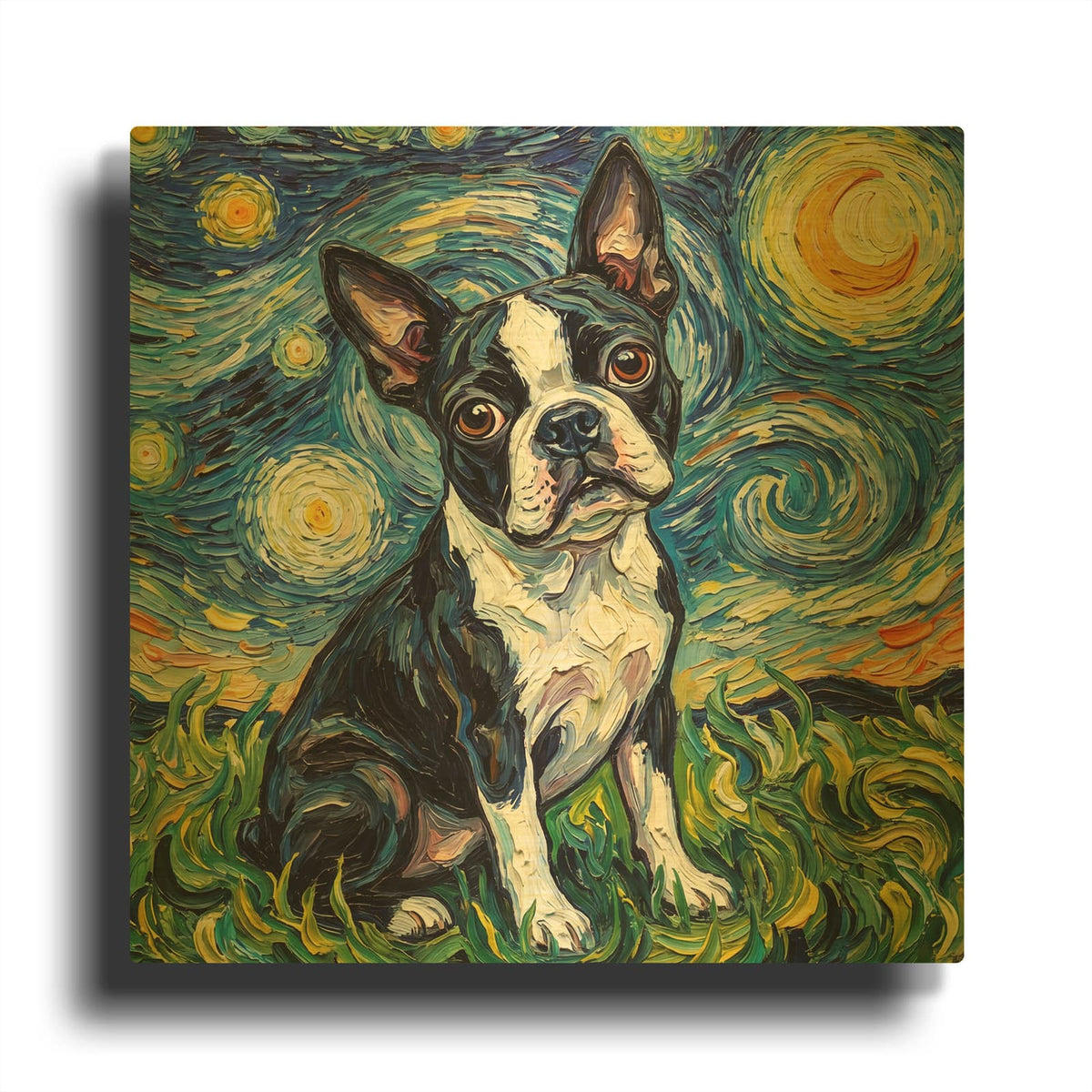 'Boston Terrier Starry Night' By Rich Monet Gold Metal Wall Art