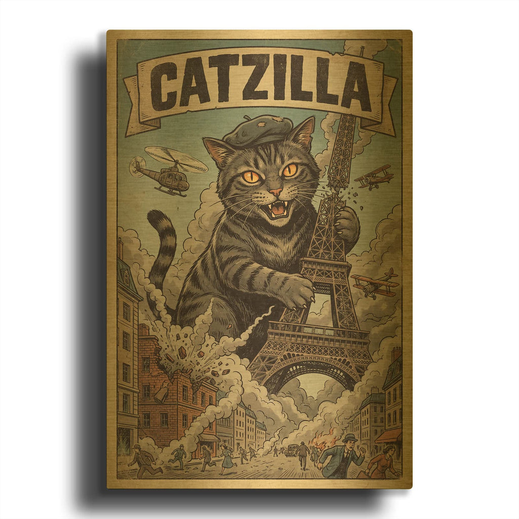 'Catzilla In Paris' By Rich Monet Gold Metal Wall Art