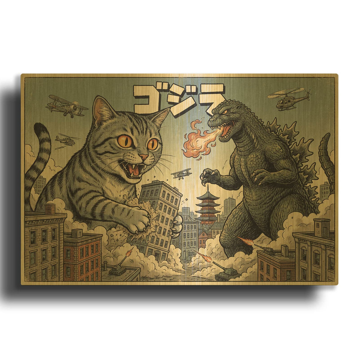 'Catzilla In Tokyo' By Rich Monet Gold Metal Wall Art