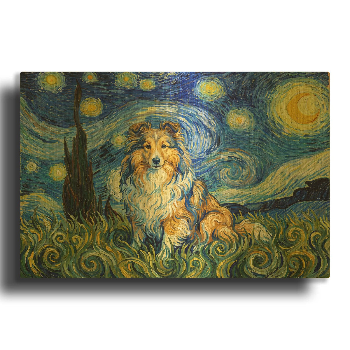 'Shetland Sheepdog Starry Night' By Rich Monet Gold Metal Wall Art