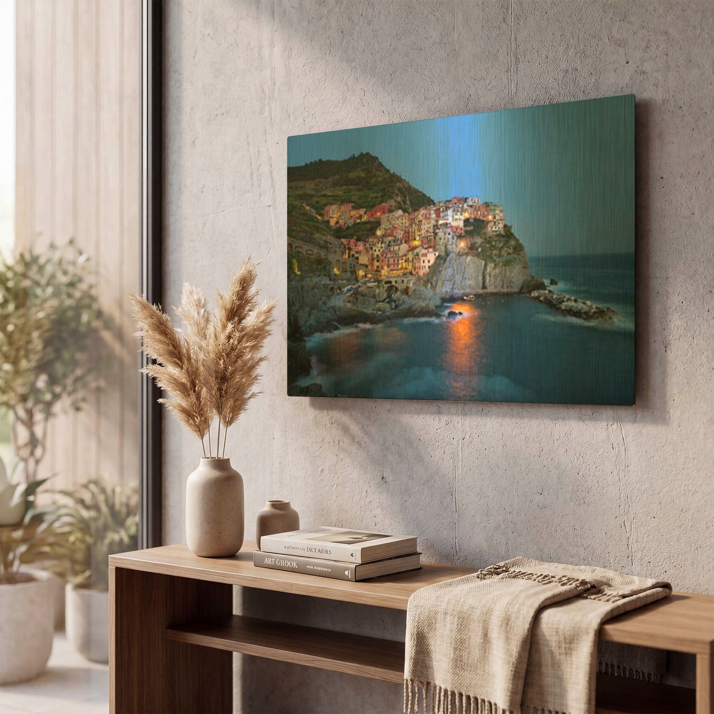 'Dusk Harbor Manarola' By Larry Malvin Gold Metal Wall Art