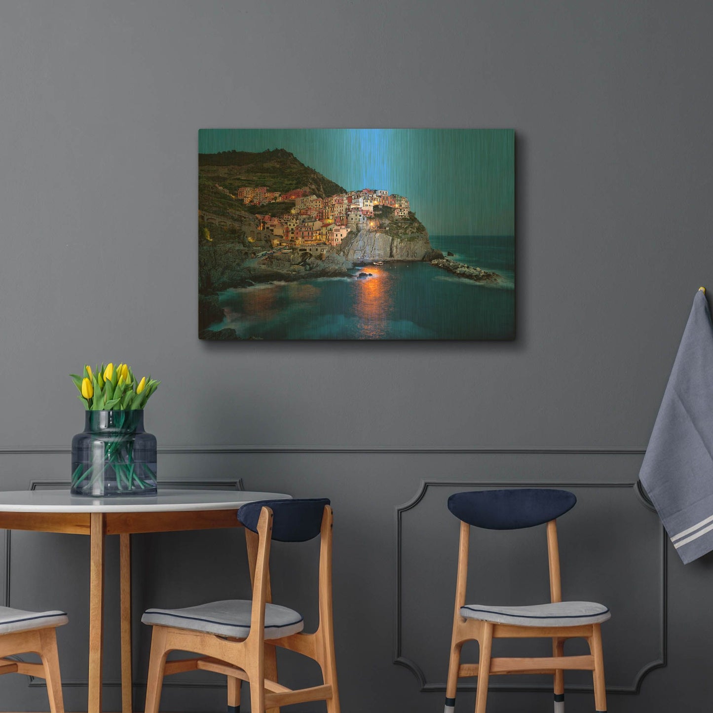 'Dusk Harbor Manarola' By Larry Malvin Gold Metal Wall Art
