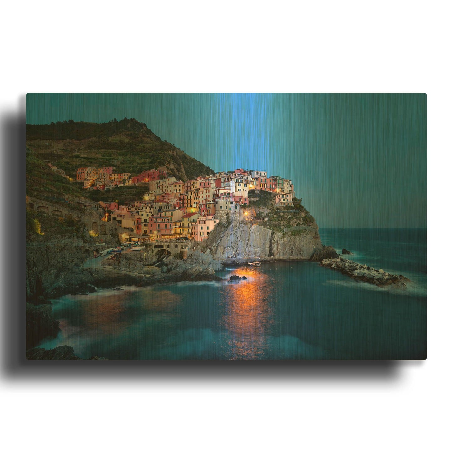 'Dusk Harbor Manarola' By Larry Malvin Gold Metal Wall Art