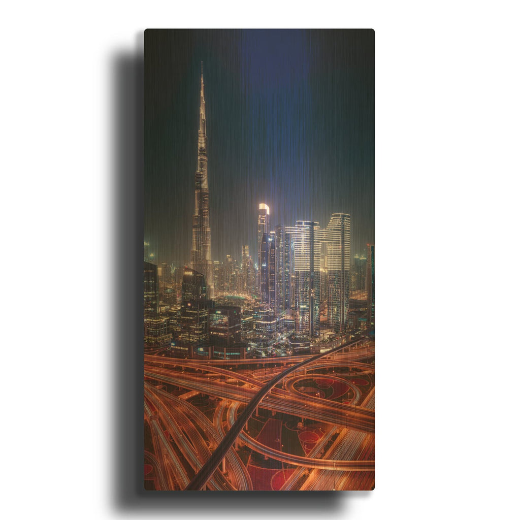 'Burj Khalifa and Roads Vertical' By Luxe Gold Metal Wall Art