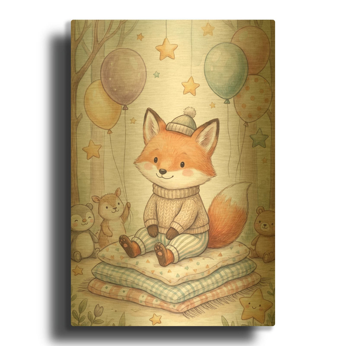 'Cute Baby Fox' By Ann Klee Gold Metal Wall Art