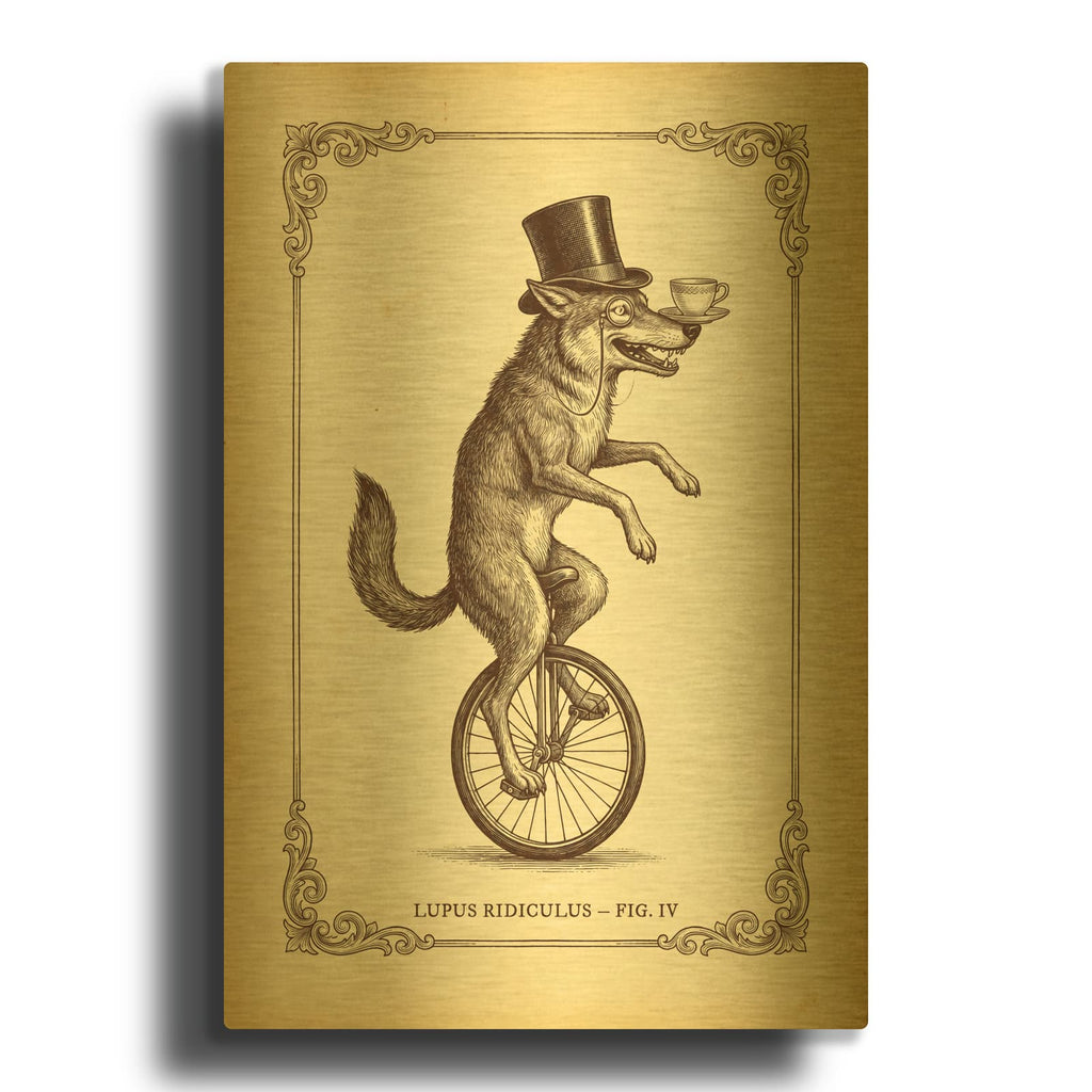 'Wolf Vintage Scientific Engraving' By Ann Klee Gold Metal Wall Art