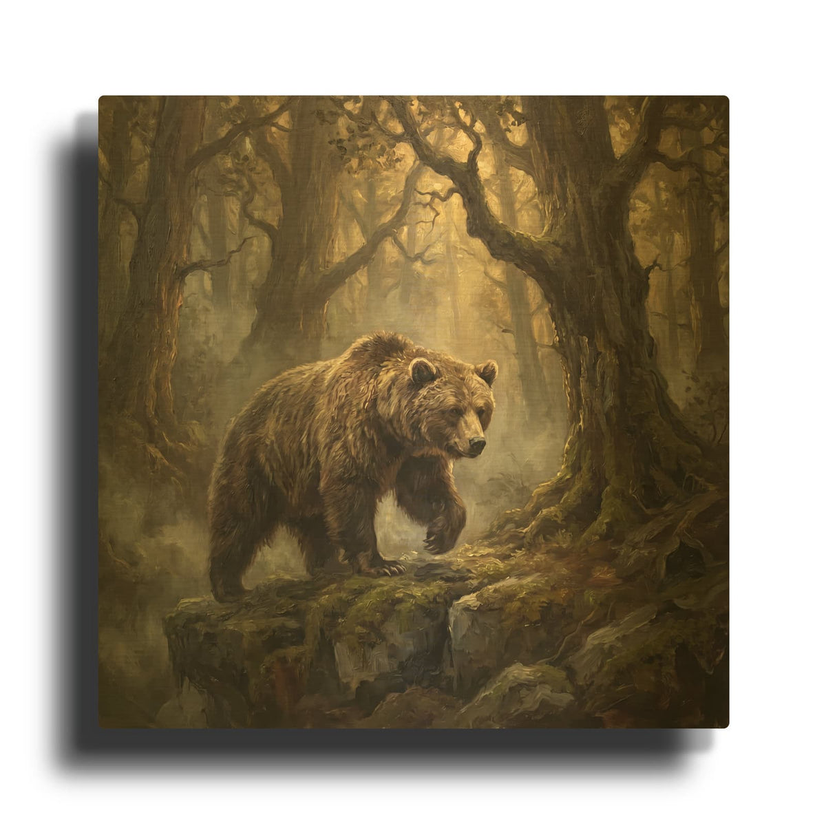 'Majestic Bear in a Misty Forest 1' By Ann Klee Gold Metal Wall Art