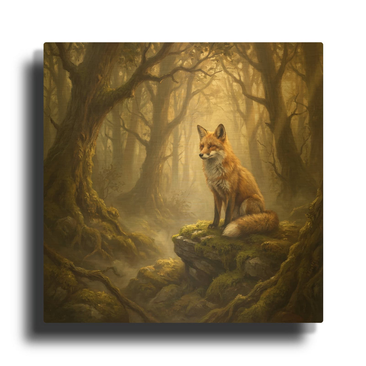 'Majestic Fox in a Misty Forest 1' By Ann Klee Gold Metal Wall Art