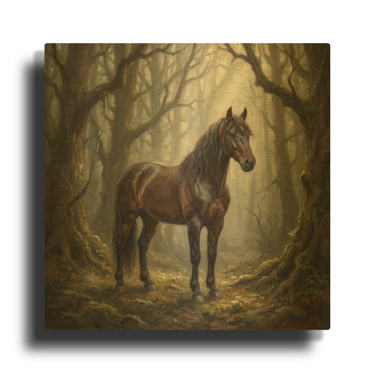 'Majestic Horse in a Misty Forest' By Ann Klee Gold Metal Wall Art