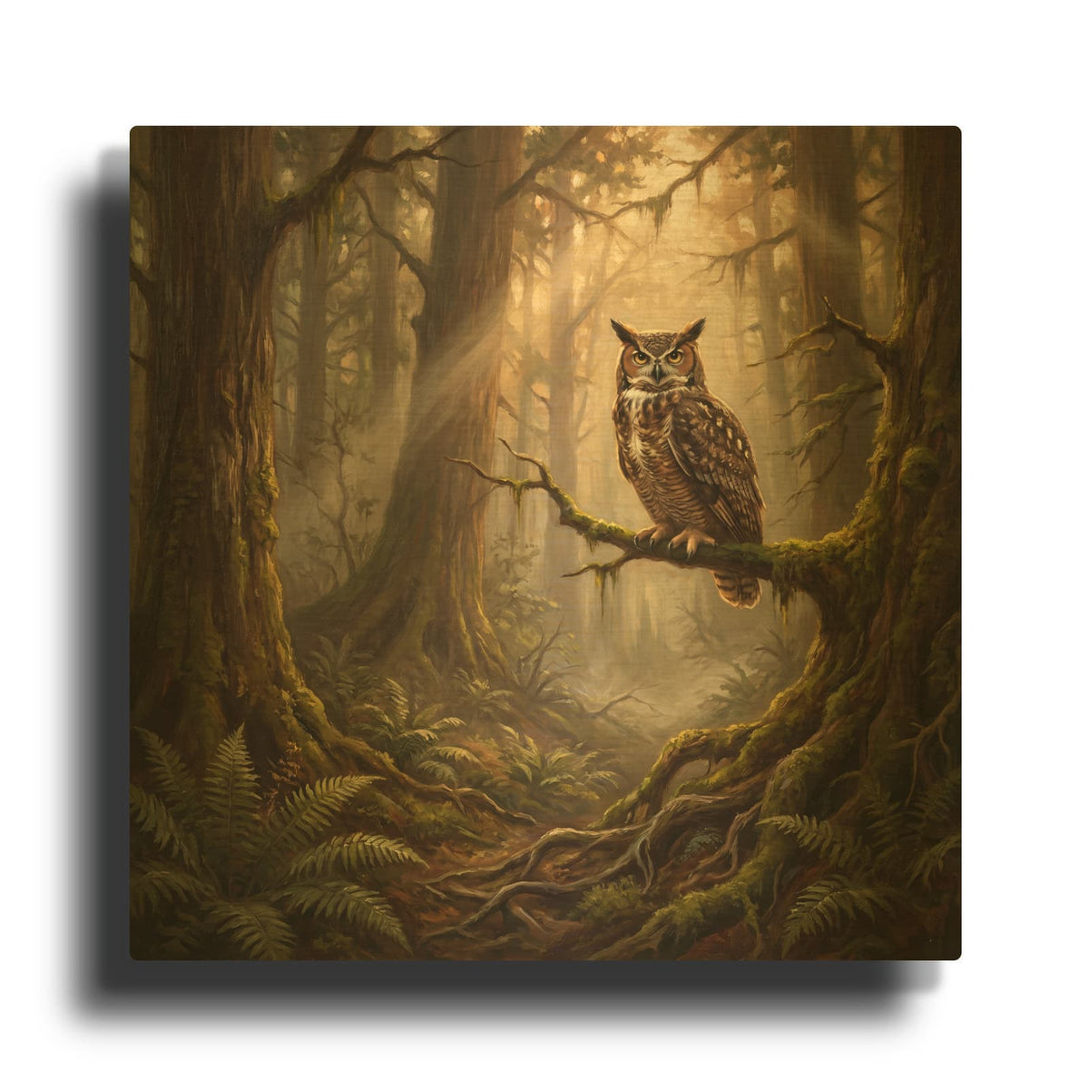 'Majestic Owl in a Misty Forest' By Ann Klee Gold Metal Wall Art