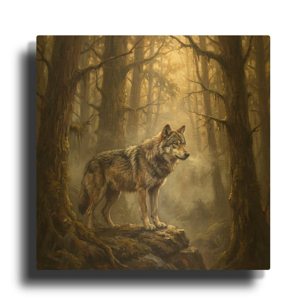 'Majestic Wolf in a Misty Forest' By Ann Klee Gold Metal Wall Art
