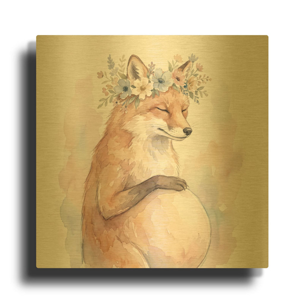 'Pregnant Mamam Fox with Wildflowers' By Ann Klee Gold Metal Wall Art