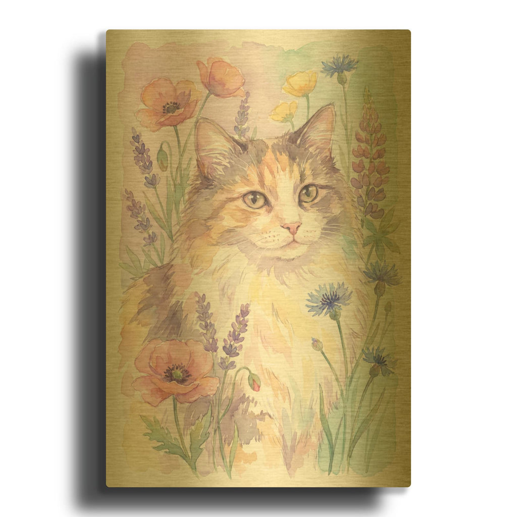 'Soft Pastel Watercolor Cat with Wildflowers' By Ann Klee Gold Metal Wall Art