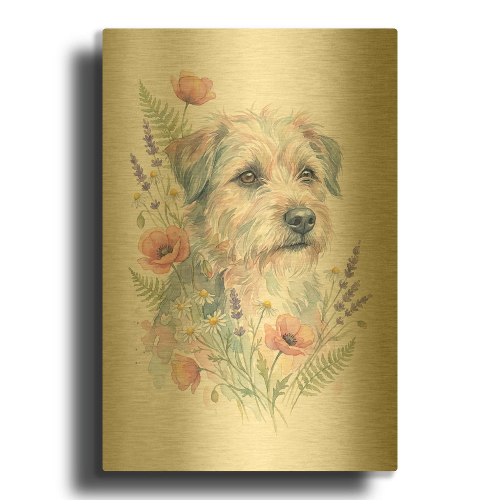 'Soft Pastel Watercolor Dog with Wildflowers' By Ann Klee Gold Metal Wall Art