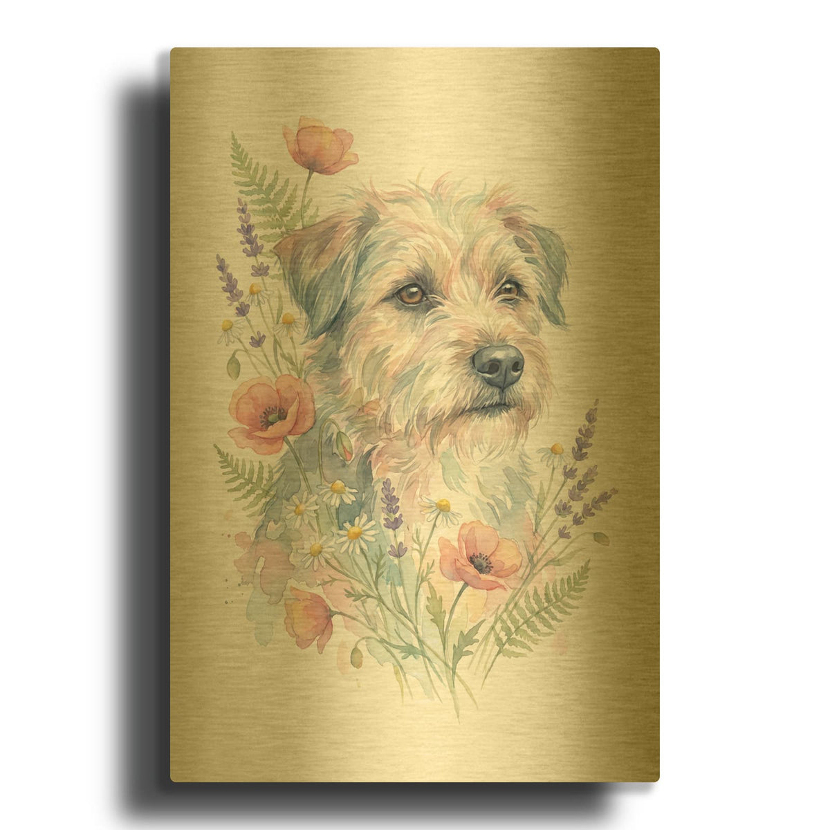 'Soft Pastel Watercolor Dog with Wildflowers' By Ann Klee Gold Metal Wall Art